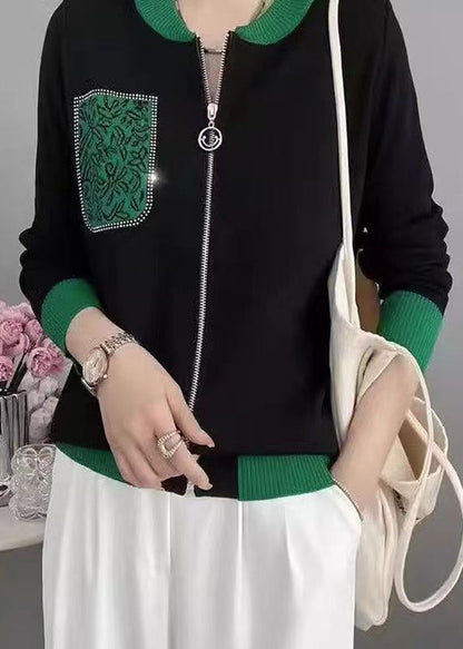 Black Print Zircon Zip Up Patchwork Knit Coat Fall