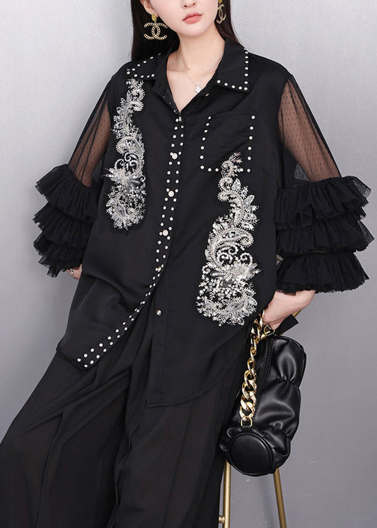 Chic Black Rhinestone Hollow Out Chiffon Blouse Tops Flare Sleeve