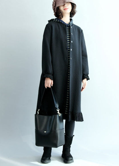 Black Ruffled Button Cotton Trench Coats Spring