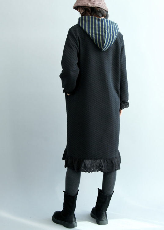Black Ruffled Button Cotton Trench Coats Spring