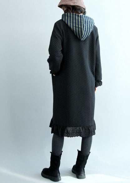 Black Ruffled Button Cotton Trench Coats Spring