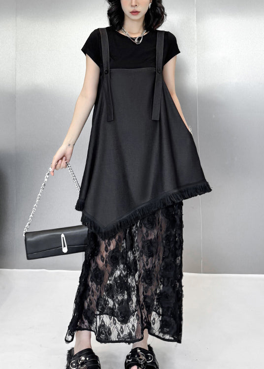Black Ruffled Lace Patchwork Cotton Strap Dress Summer
