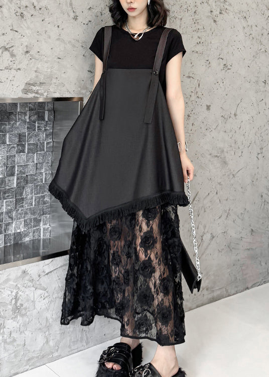Black Ruffled Lace Patchwork Cotton Strap Dress Summer