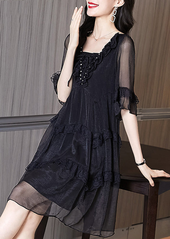 Black Ruffled Patchwork Chiffon Dress Summer