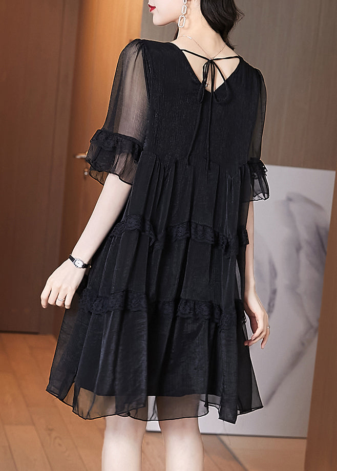Black Ruffled Patchwork Chiffon Dress Summer