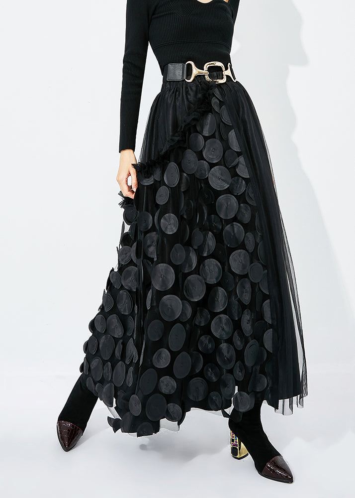 Green-black Dot Ruffled Patchwork Dot Tulle a Line Skirts Summer