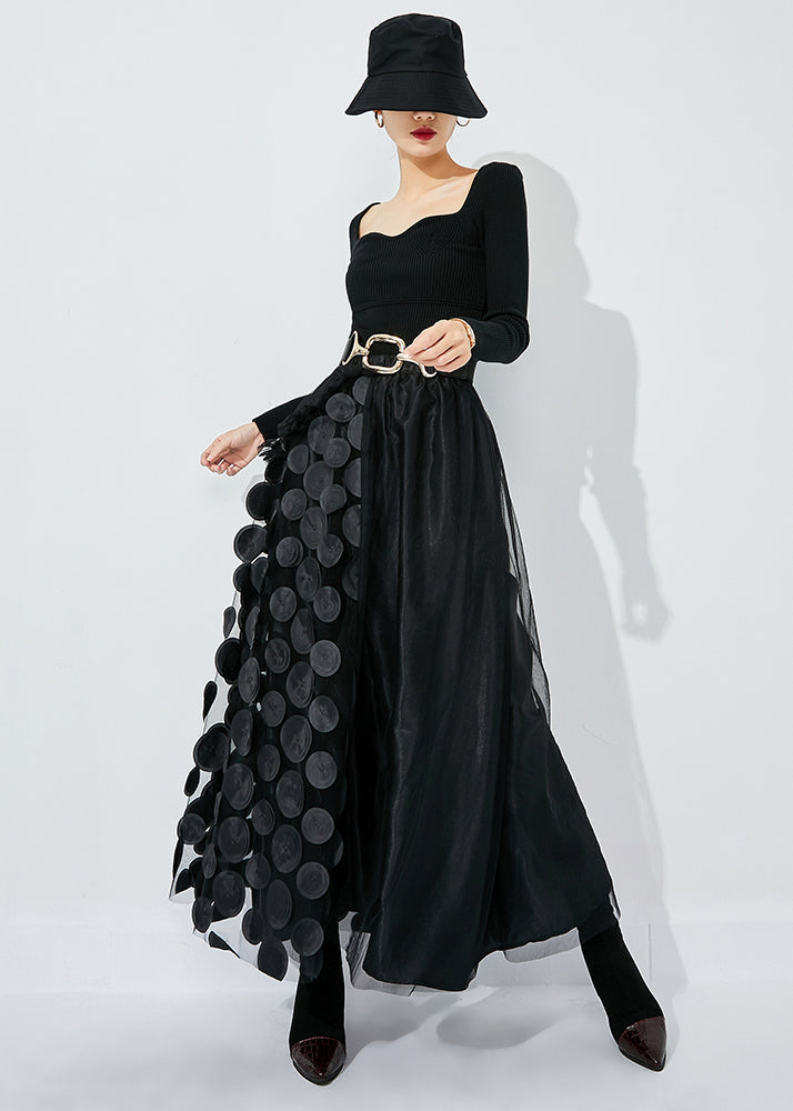 Rose-black Dot Ruffled Patchwork Dot Tulle a Line Skirts Summer