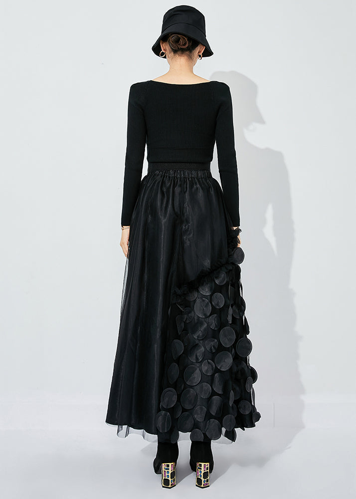 Green-black Dot Ruffled Patchwork Dot Tulle a Line Skirts Summer