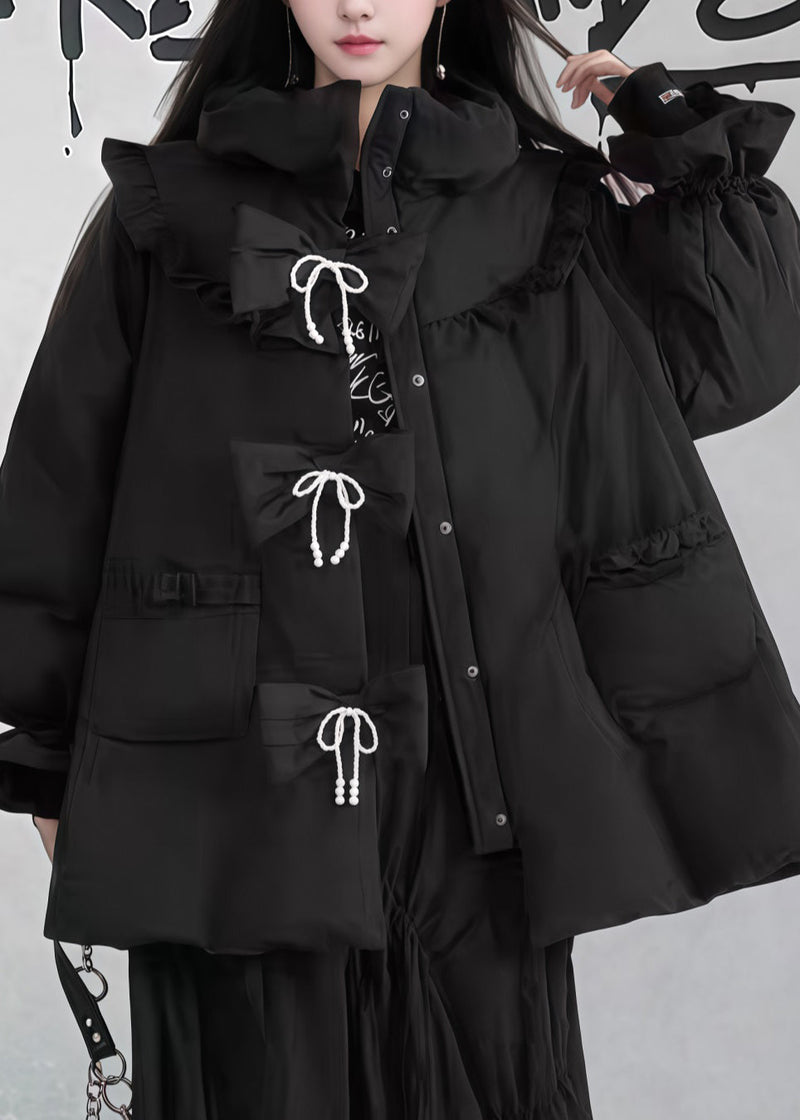 Black Ruffled Pockets Patchwork Fine Cotton Filled Puffers Jackets Winter