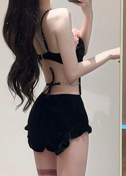 Black Ruffled Tulle Patchwork Hollow Out Bodysuit