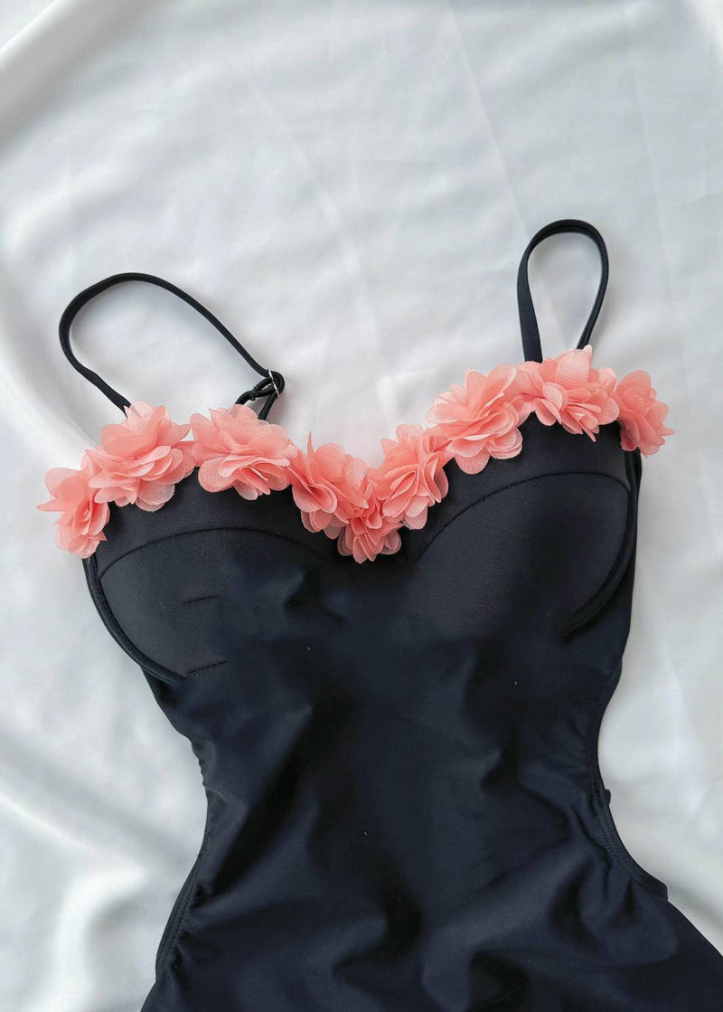 Black Ruffled Tulle Patchwork Hollow Out Bodysuit