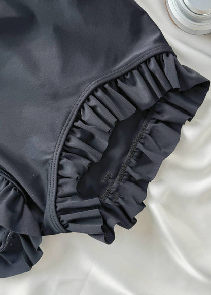 Black Ruffled Tulle Patchwork Hollow Out Bodysuit