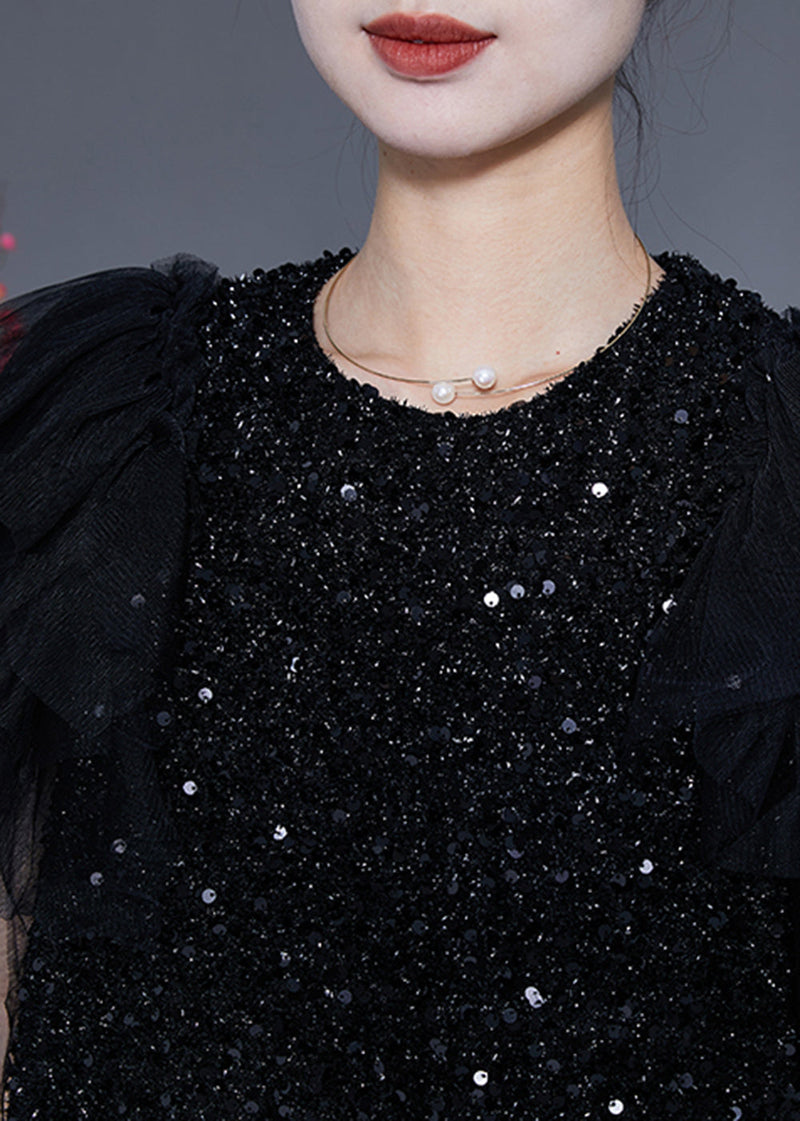 Black Sequins Patchwork Mid Dress Vestidos Summer
