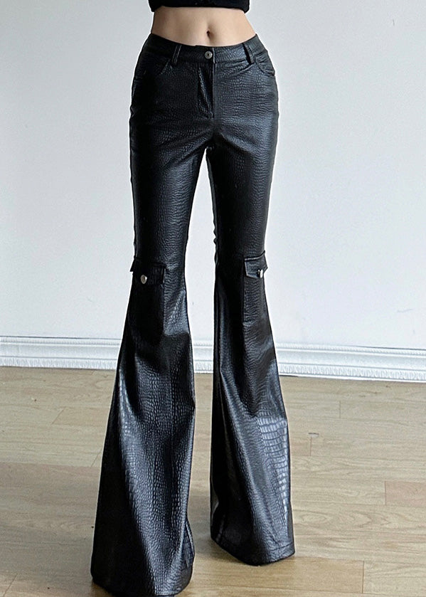 Black Silm Fit With Pockets Faux Leather Flared Trousers Spring