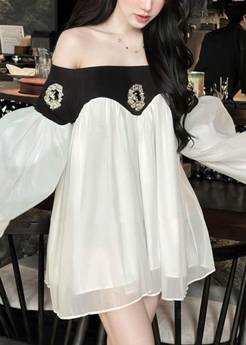 Black Slash Neck Patchwork Chiffon Mid Dress Lantern Sleeve