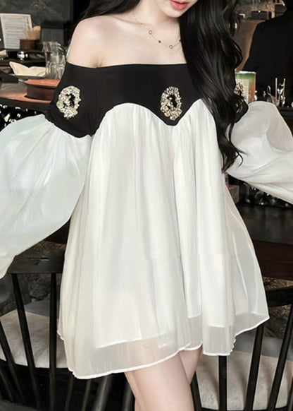 Black Slash Neck Patchwork Chiffon Mid Dress Lantern Sleeve