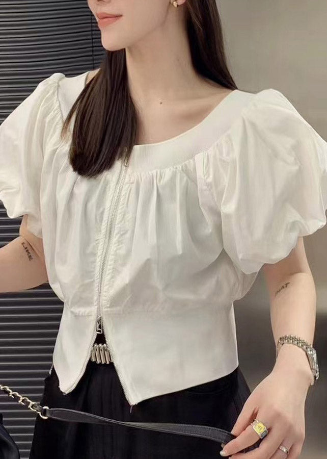 Black Slash Neck Wrinkled Zippered Shirts Puff Sleeve