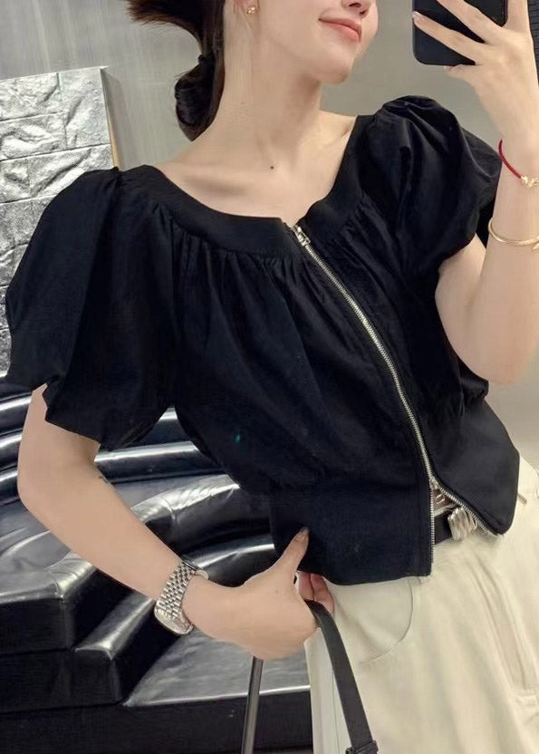 Black Slash Neck Wrinkled Zippered Shirts Puff Sleeve