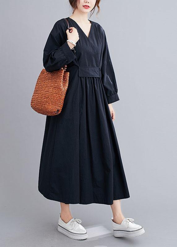 Black Slim Fit V Neck Pockets Fall Long Dresses Long Sleeve
