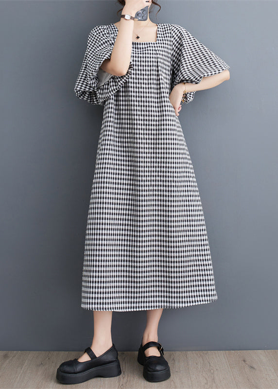 Black Square Collar Plaid Linen a Line Dress Puff Sleeve