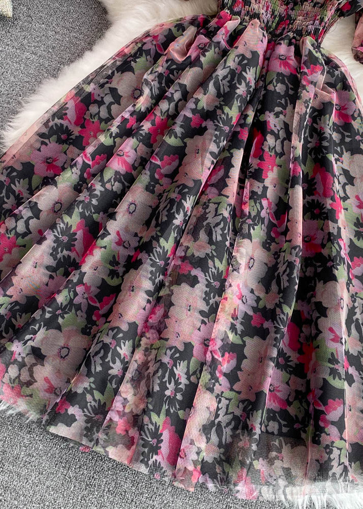 Black Square Collar Print Tulle Patchwork Tunic Mid Dress Short Sleeve