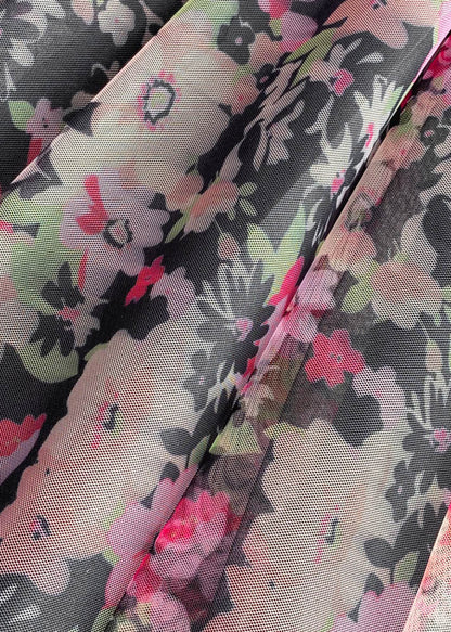 Black Square Collar Print Tulle Patchwork Tunic Mid Dress Short Sleeve
