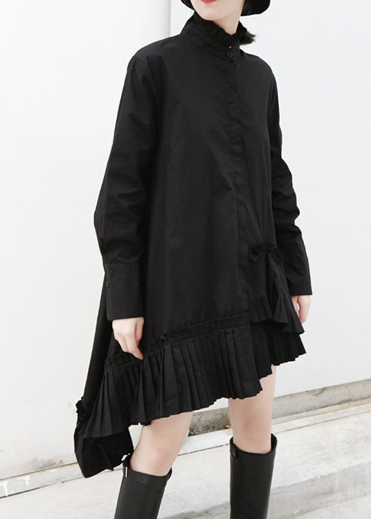Black Stand Collar Asymmetrical Wrinkled Cotton Shirts Fall