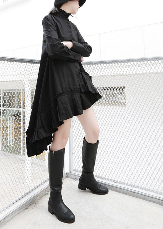 Black Stand Collar Asymmetrical Wrinkled Cotton Shirts Fall