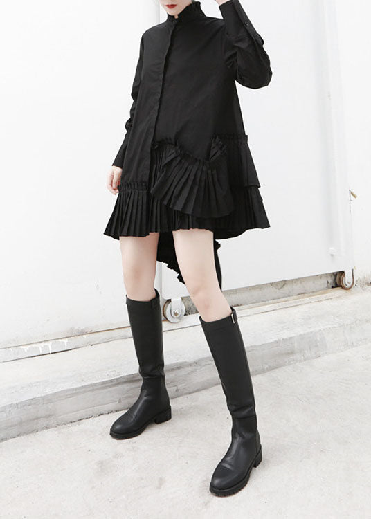 Black Stand Collar Asymmetrical Wrinkled Cotton Shirts Fall