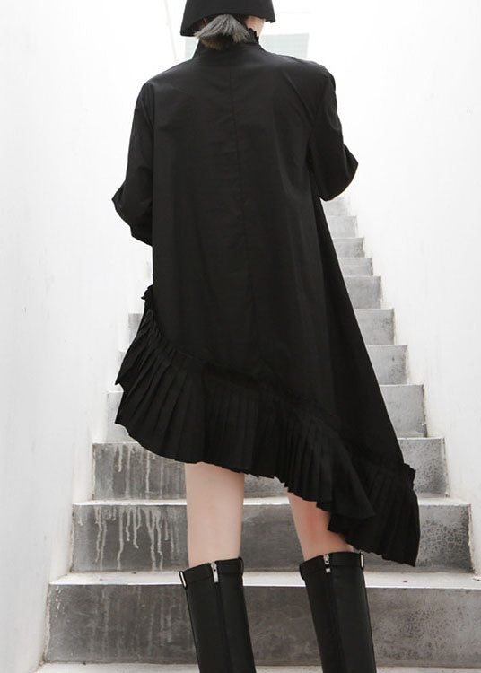 Black Stand Collar Asymmetrical Wrinkled Cotton Shirts Fall