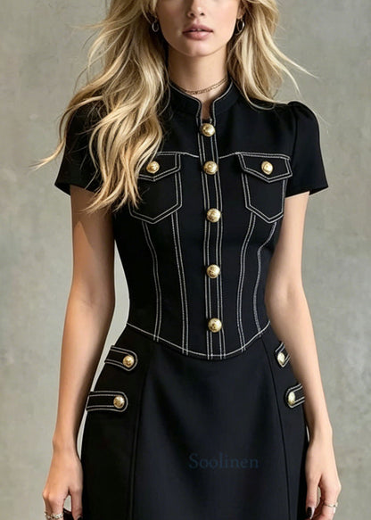 Black Stand Collar Button Denim Mid Dress Summer