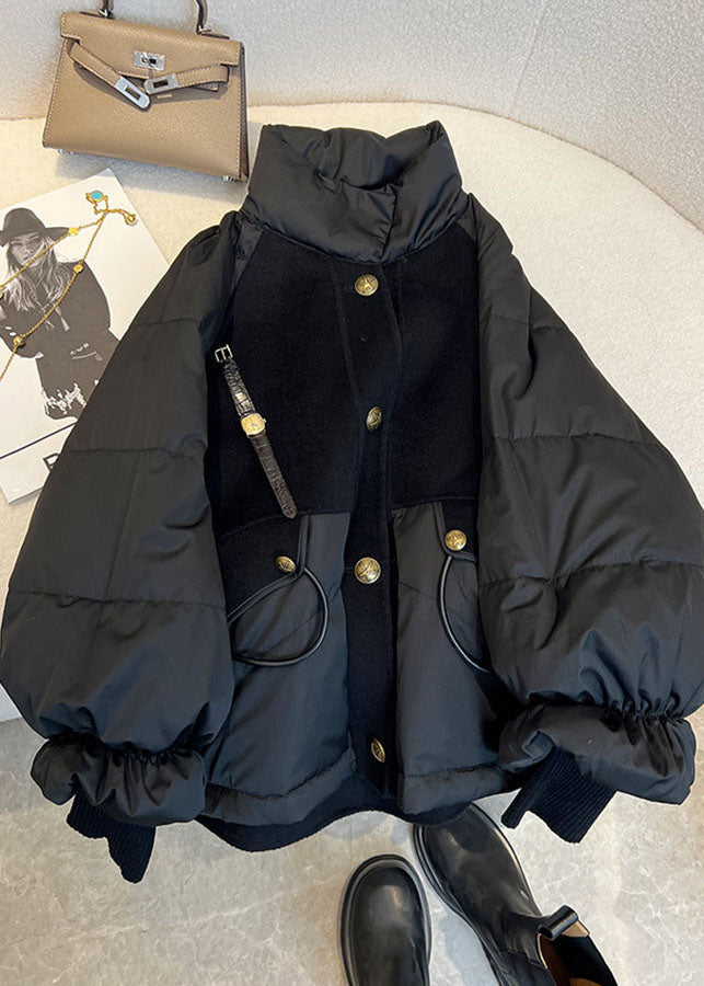 Black Stand Collar Drawstring Zippered Fine Cotton Filled Puffer Jacket Winter