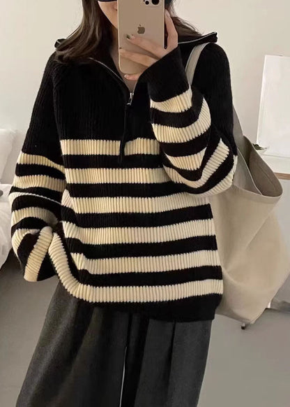 Black Stand Collar Striped Patchwork Thick Knit Pullover Long Sleeve