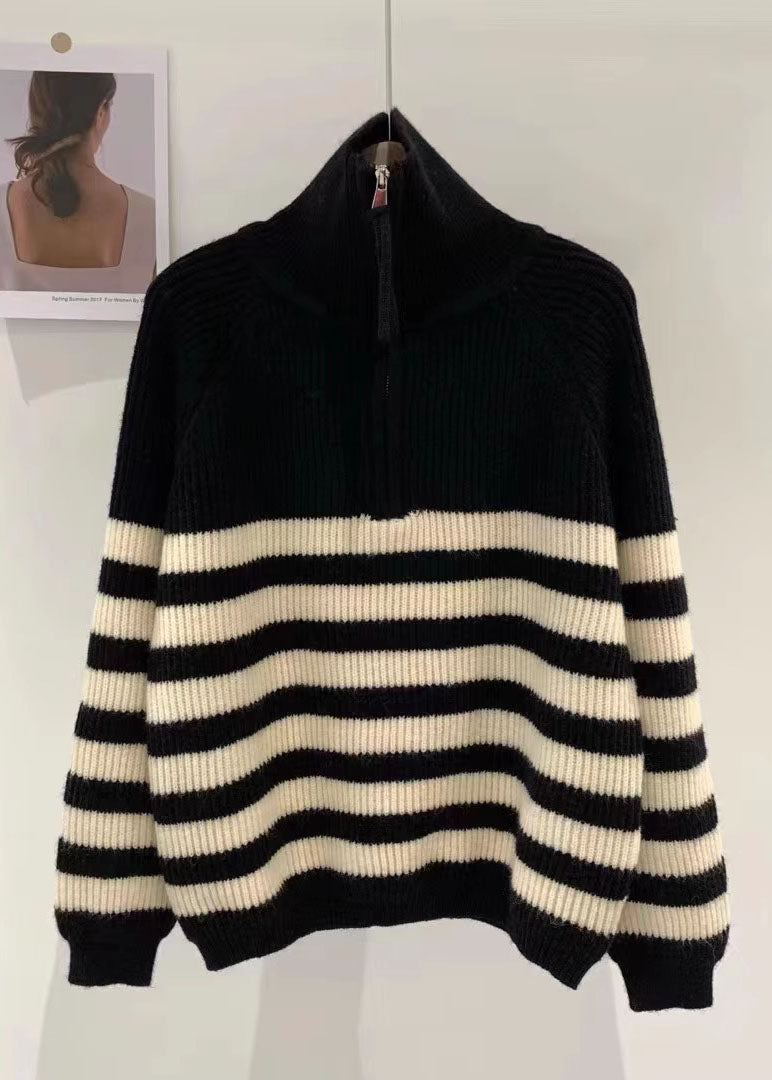 Black Stand Collar Striped Patchwork Thick Knit Pullover Long Sleeve