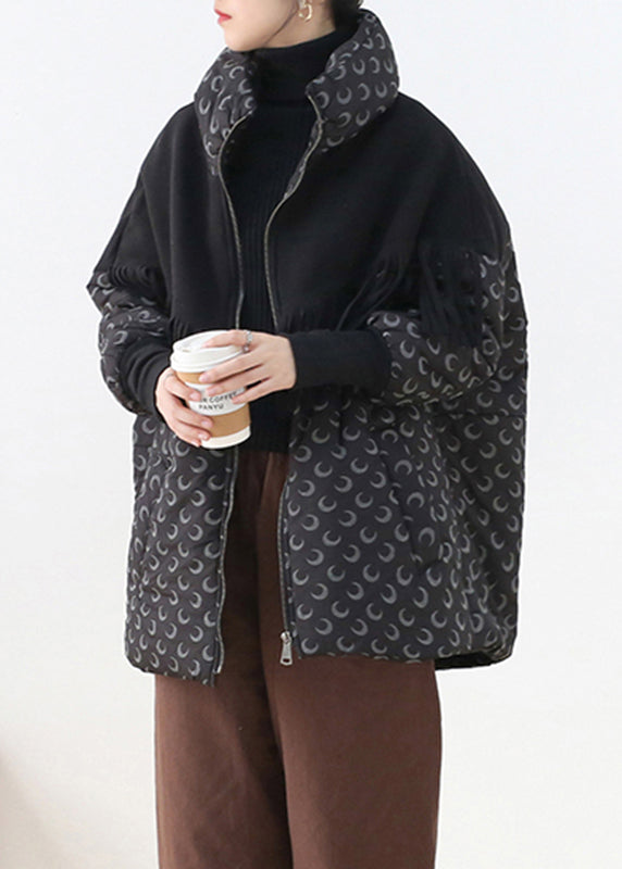 Black Stand Collar Zippered Pockets Print Cotton Parka Long Sleeve