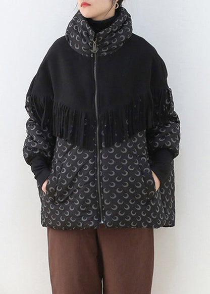 Black Stand Collar Zippered Pockets Print Cotton Parka Long Sleeve