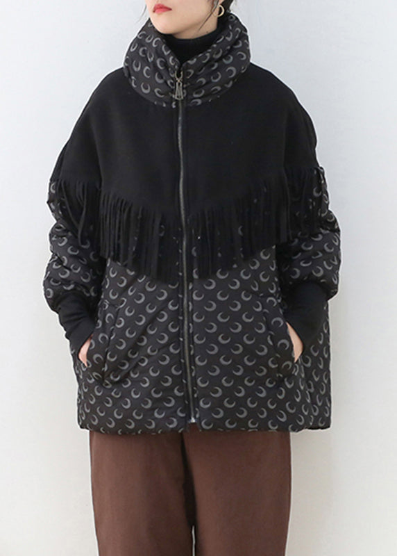 Black Stand Collar Zippered Pockets Print Cotton Parka Long Sleeve