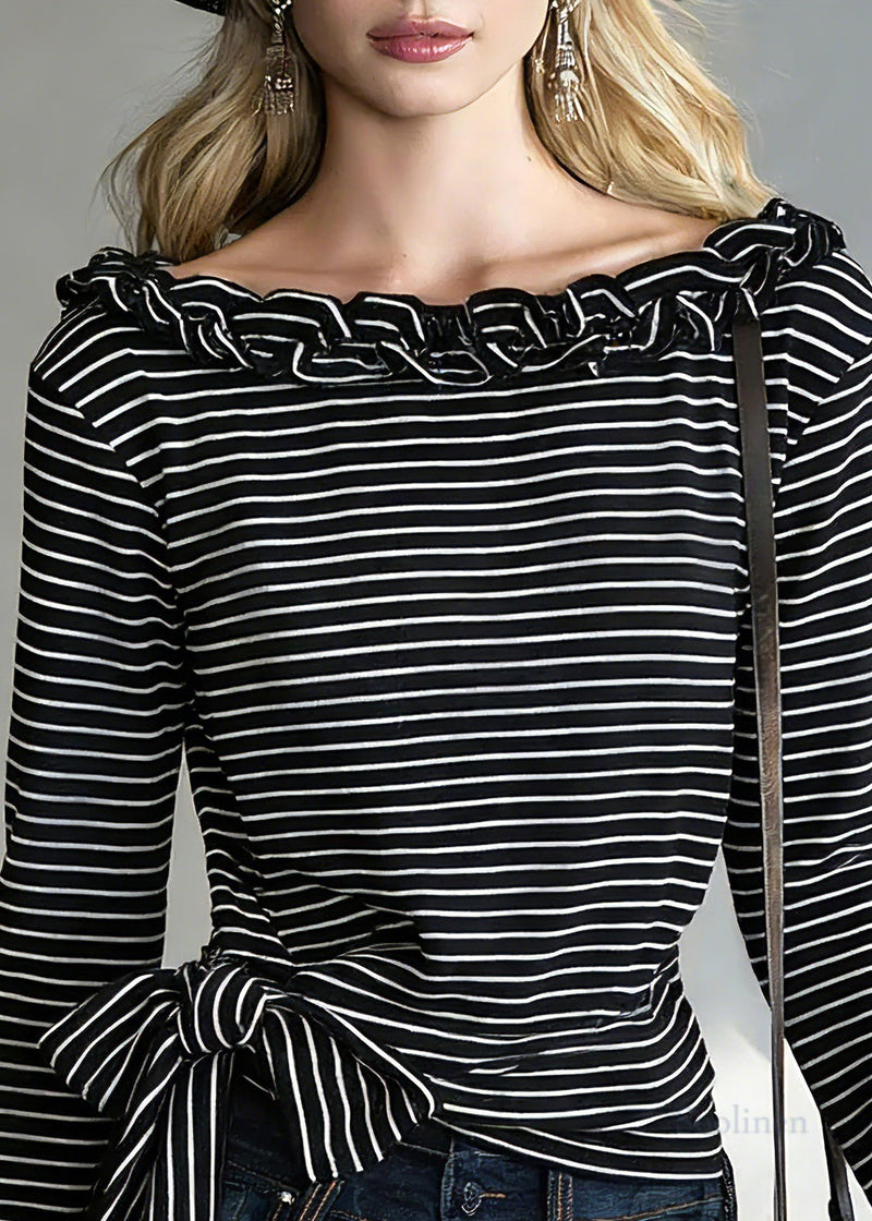 Black Striped Tie Waist T Shirts Spring