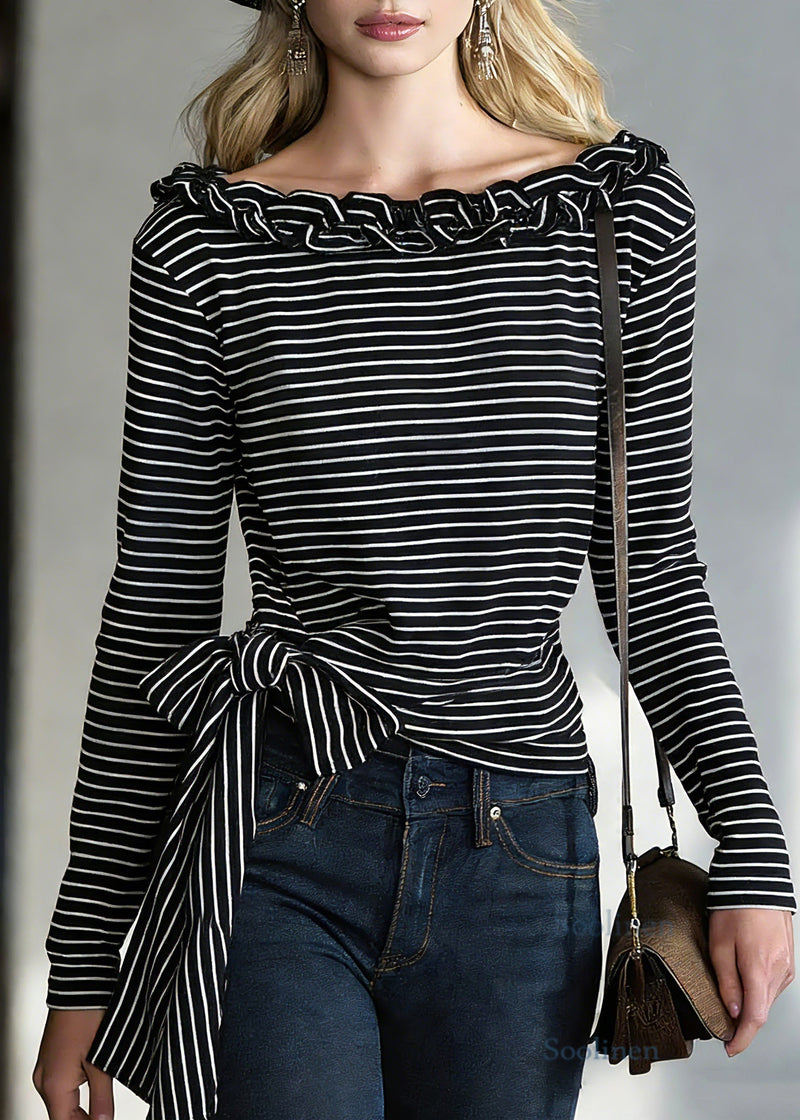 Black Striped Tie Waist T Shirts Spring