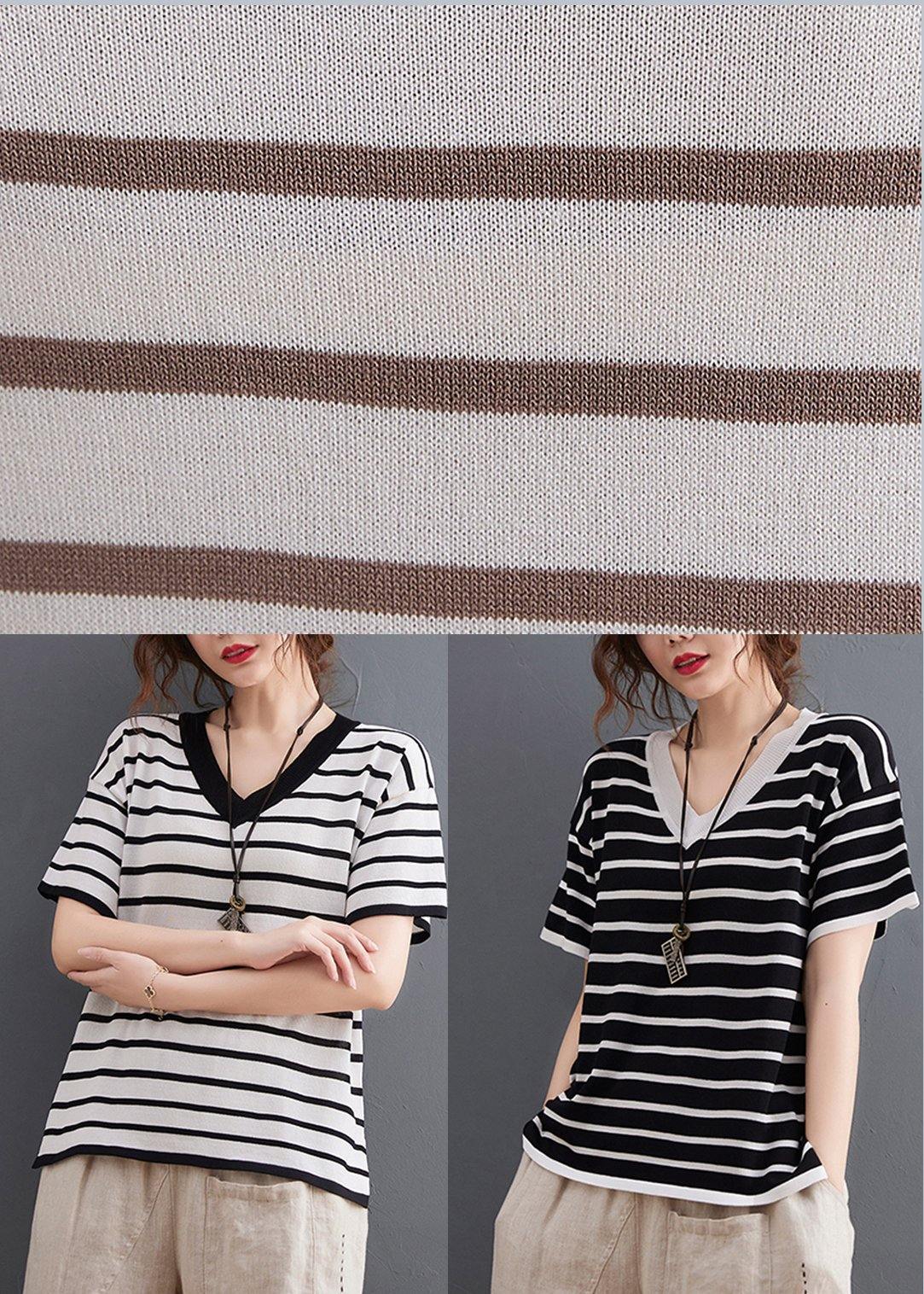 Black Striped V Neck Cotton Linen Summer Tee
