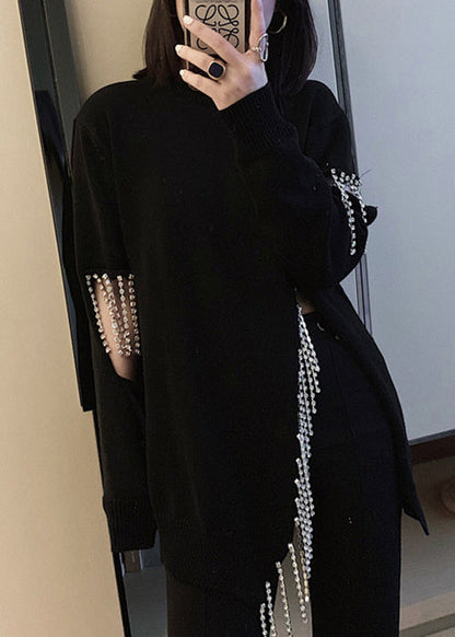 Black Tasseled Hole Patchwork Cotton Knit Sweaters Long Sleeve
