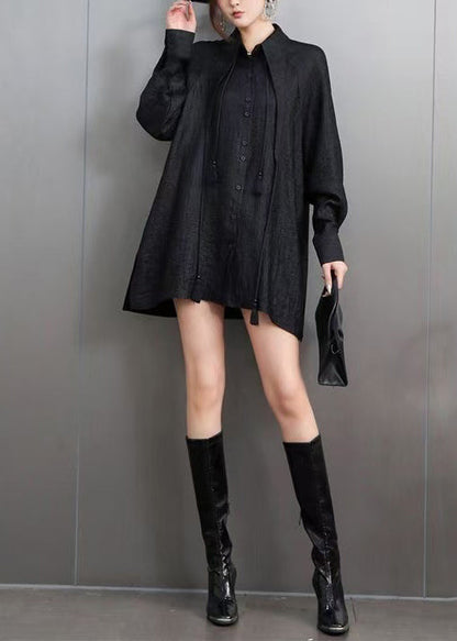 Chic Black Tasseled Oversized Cotton Blouses Fall