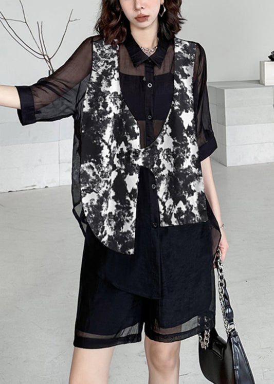 Black Tie Dye Patchwork Shirts and Shorts Cotton Two Piece Set Summer
