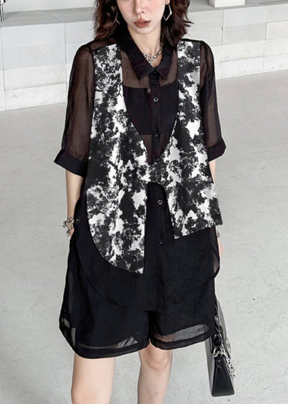 Black Tie Dye Patchwork Shirts and Shorts Cotton Two Piece Set Summer