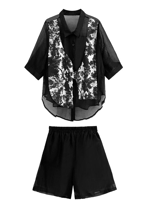Black Tie Dye Patchwork Shirts and Shorts Cotton Two Piece Set Summer