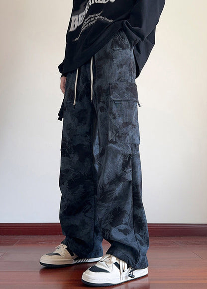 Black Tie Dye Pockets Corduroy Pants Elastic Waist Spring