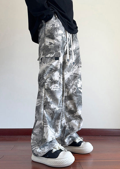 Black Tie Dye Pockets Corduroy Pants Elastic Waist Spring