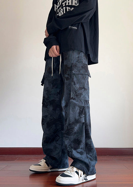 Black Tie Dye Pockets Corduroy Pants Elastic Waist Spring