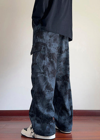 Black Tie Dye Pockets Corduroy Pants Elastic Waist Spring