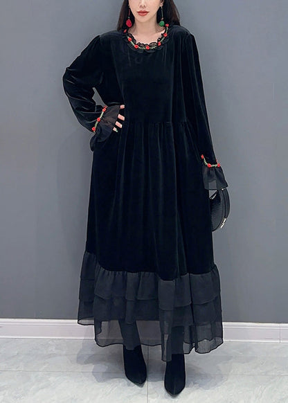 Black Tulle Patchwork Silk Velvet Long Dresses Spring